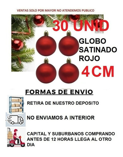 Globo Rojo Satinado 4 Cm X 30 U Adornos Navidad Bola Bocha