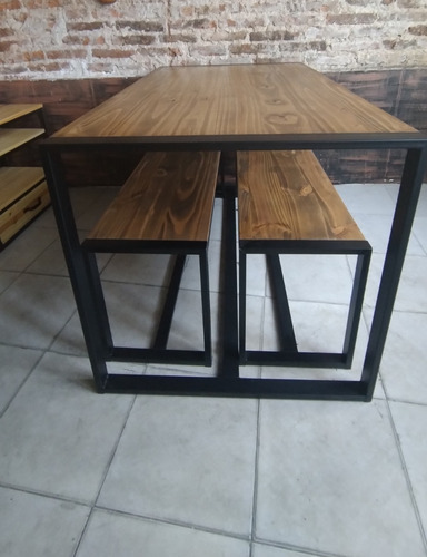 Imagen 2 de 6 de Mesa Comedor Industrial 140x80 + 2 Bancos Madera Hierro Bar