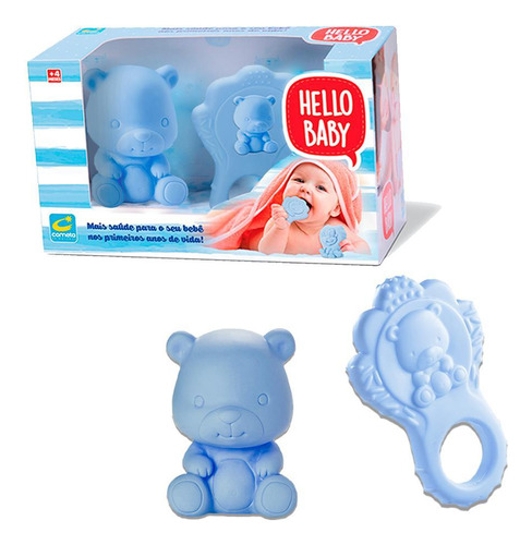 Brinquedo Ursinho E Mordedor Infantil Hello Baby Azul