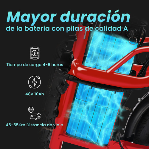 INLIFE C5 Bicicleta Eléctrica Plegable Con Dos Asientos & Batería Removible para Adultos, Potencia Máxima del Motor 800W, Velocidad Máxima 32KM/H, Autonomía 30-40KM, Batería 10AH, Color Rojo