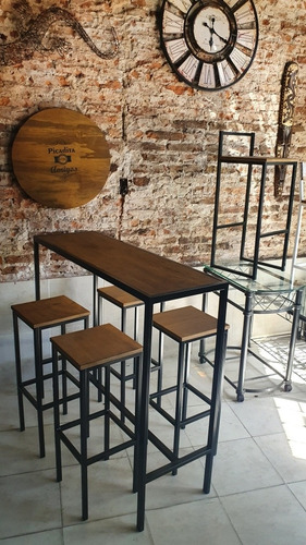 Imagen 5 de 7 de Mesa Barra Desayunador 120x40 4 Taburetes Hierro Y Madera