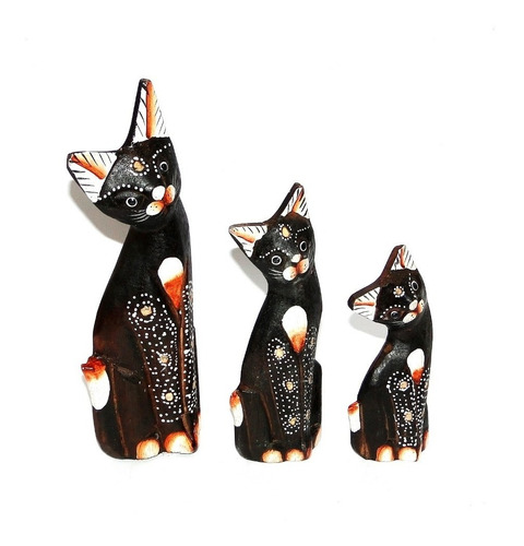 Familia Gato De Madera Set 3 Colores Variados 25, 20 Y 15cms