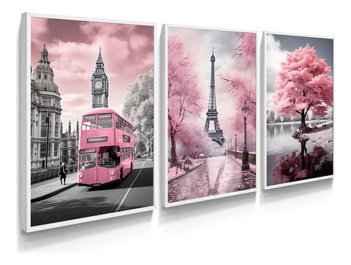 Kit 3 Quadros Paris Estético Rosa Busão Torre Eiffel 60x40cm Cor Branco