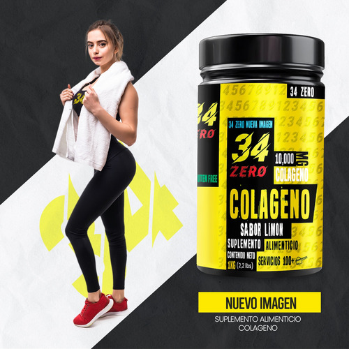 34 Zero Colágeno Hidrolizado 1kg Polvo Sabores 200 Servicios Limón
