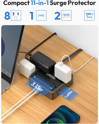 Cable De Extensión Negro Con 8 Salidas Y 3 Puertos Usb