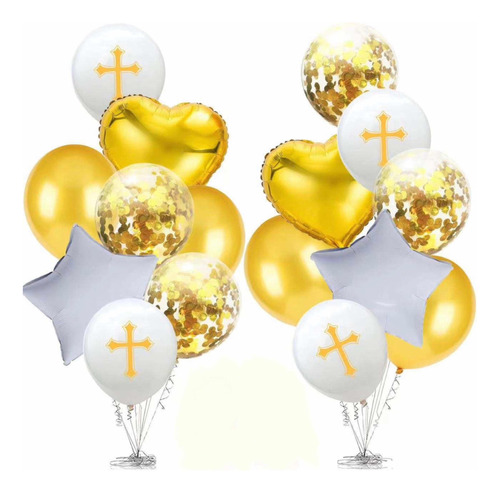 Kit Globos Primera Comunión Bautizo Dorado Blanco Cruz