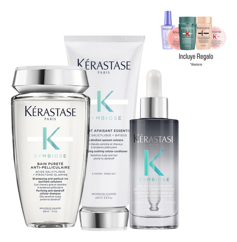 Kit Tratamiento para el Cabello Anti Caspa Kerastase Symbiose Serum Cellulaire Nuit Shampoo Bain Pureté y Acondiconador Fondant Apaisant Essentiel