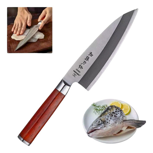 Faca Profissional Sushi Sashimi Aço Inox Lamina Premium Cor Inox Prata C/ Cabo Madeira