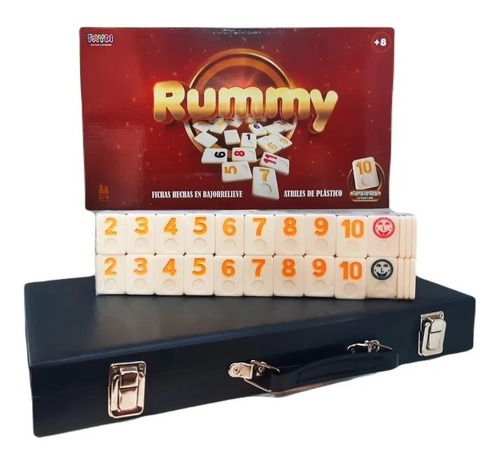 Rummy Juego De Mesa Fichas Bajo Relieve Talladas Con Valija