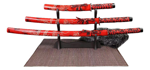 Set 3 Katanas Wakizashi Tanto Samurai Acero Espada Con Base