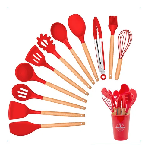 Kit Utensilios Cozinha Jogo 12 Peças Silicone Cabo Madeira Cor Ve...