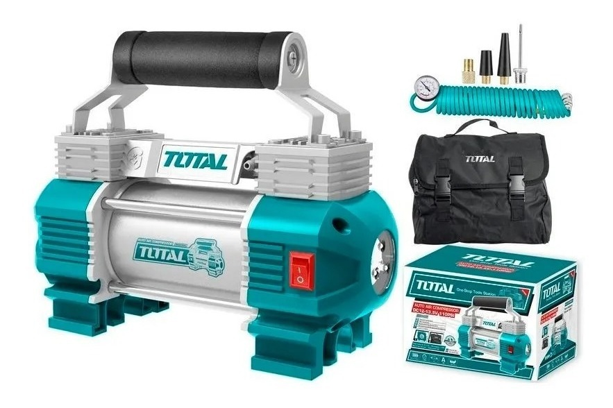 Compresor Inflador Total Industrial 12v Para Vehículos, Con Manómetro, 120psi, 45L/min - Funciona Conectado Por Pinzas A La Batería - TTAC2506