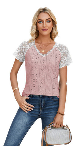 Camiseta Informal Con Cuello En V Y Panel Encaje Con Ojales