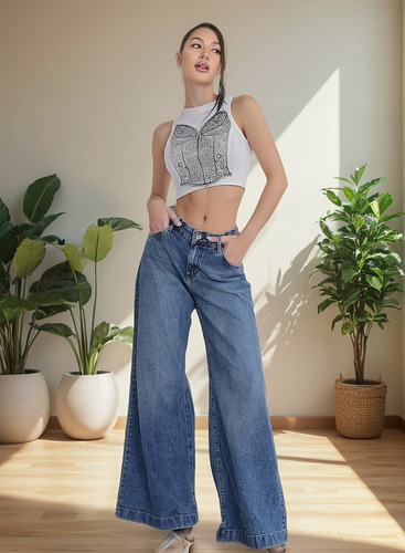 Jean Wide Leg Tiro Medio Primera Calidad Dama Diva