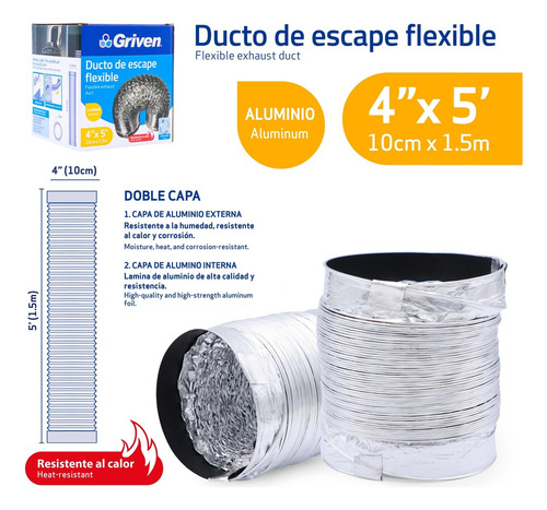 Ducto Flexible 4 Pulgadas Secadora Campana 1.5 De Largo