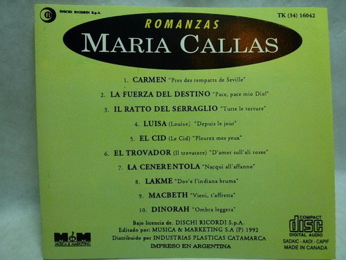 Romanzas, Maria Callas Audio Cd En Caballito * (Usado)