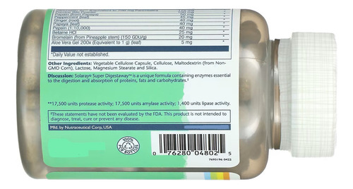 Enzimas digestivas Super Digestaway, 180 cápsulas vegetarianas, Solaray USA