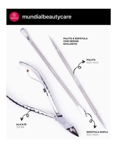 Imagem 2 de 6 de Alicate De Cutícula Mundial 722+ Espatula+ Palito Mod.778