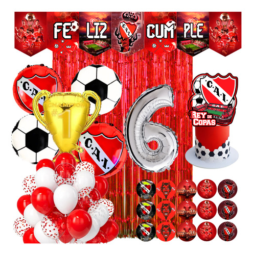 Pack Globos Independiente Banderin Stickers Toppers Número Plateado Número 6