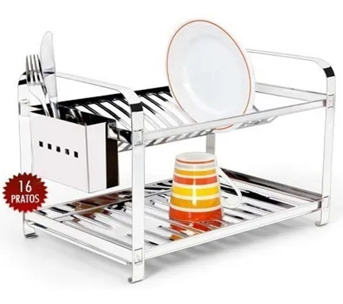 Imagem 1 de 7 de Escorredor Aço Inox 16 Pratos Porta Talheres Inox Promoção