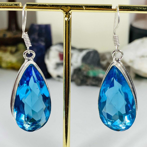 Imagen 2 de 5 de Aros Lagrima Plata India Topacio Azul 100% Natural Ata-09