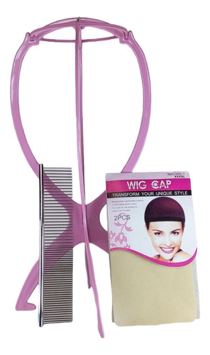 Pack Para Pelucas Soporte Wigcap Beige Y Peine Metálico 