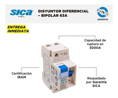 Imagen 2 de 6 de Disyuntor Diferencial Sica - Bipolar 63a - Garantía Oficial