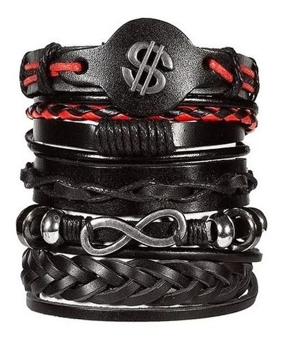 Conjunto Brazalete Cuero Dije Dolar Infinito Pulseras 5 En 1