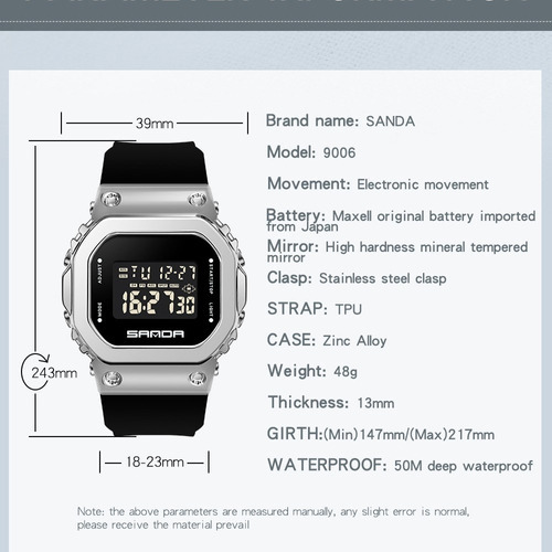 Reloj Sanda 9006, Reloj Digital Cuadrado Led Color Del Bisel Caqui