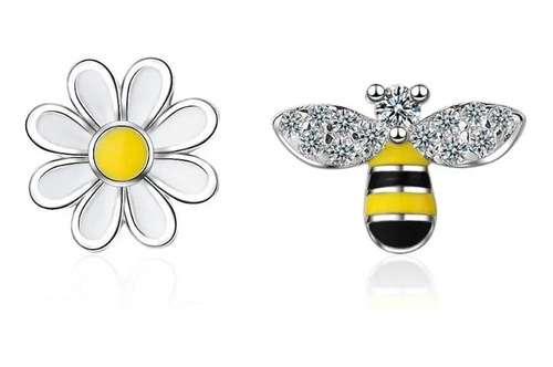 Aros Asimetricos Abeja Y Flor Plateado / Todojoyas