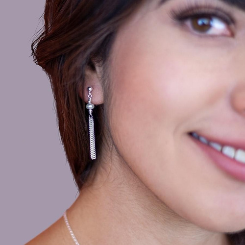 Imagen 6 de 9 de Aretes Largos De Plata 925 Y Perla Natural Mujer Agálea