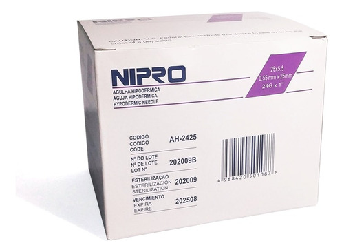 Aguja HiPodérmicas Nipro 24 G X 1  Caja X 100 Unidades