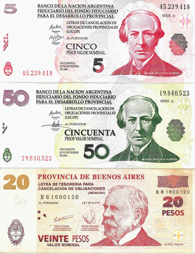 Lecop Bonos 5 Pesos S/c, 50 Pesos Y Patacón 20 Pesos Serie B