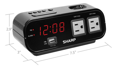 Reloj Despertador Digital Sharp Modelo Con 2 Tomas Usb Y Pro Negro