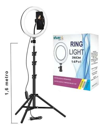 Imagem 1 de 6 de Ring Light Completo Iluminador Portátil 26cm + Tripé 1.6m