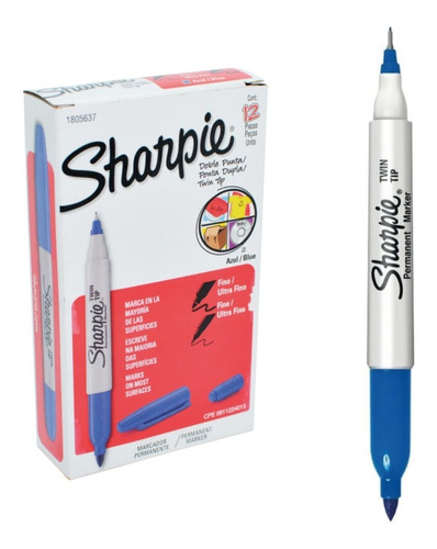 Marcador Sharpie Permanente Doble Punta Azul Caja *12 Uds