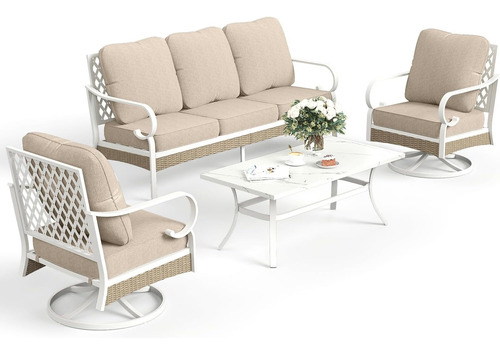 Juego De 4 Muebles Metal Para Patio Silla Giratoria Beige