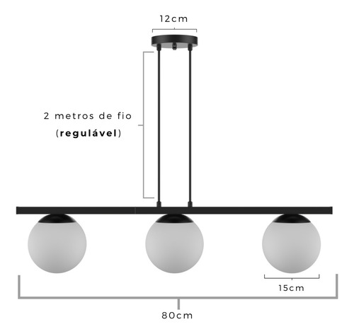 Pendente Luminária Jabuticaba Globo 80cm Alumínio 3 Globos Estrutura Preto 127/220V