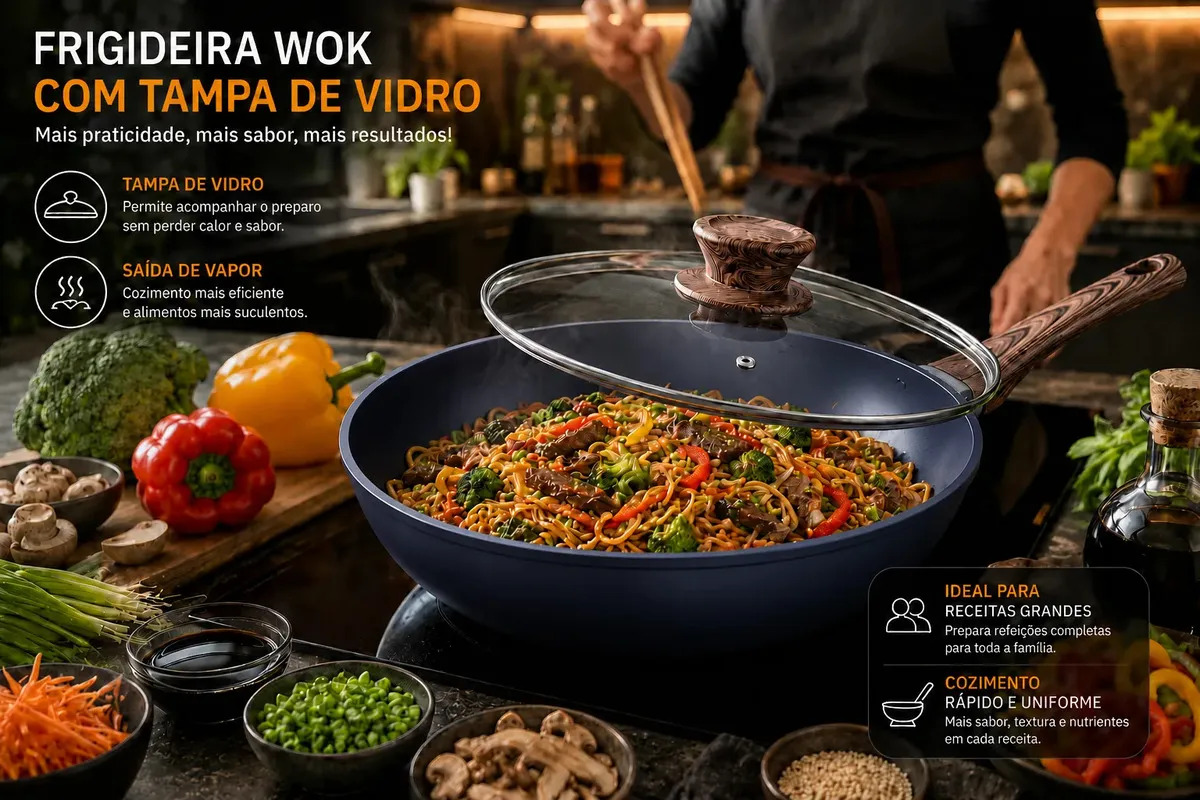 Frigideira Wok Antiaderente Cerâmica 28cm 4L com Tampa de Vidro Indução Gás Elétrico Vitrocerâmico Cook Cerâmica granito azul