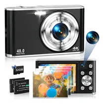 Comprar Cámara Digital 4k 48mp Autofocus Vlogging Cámara Con Cámara Trasera Y Frontal Para Fotografía, 16x Zoom Digital Y Cámaras De Disparo Con Tarjeta De 32 Gb Y 2 Baterías Para Niños Y Niñas, Color Negro