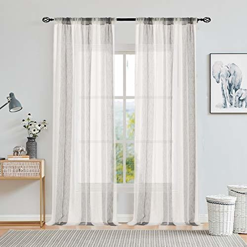 Sheer Gray And White Stripe Farmhouse Curtains Boucle L...