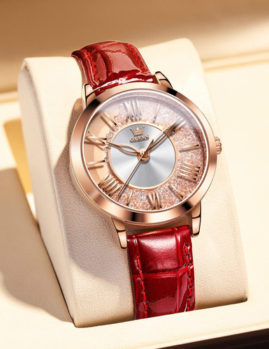 Reloj Olevs/5539 Dorado Para Mujer Con Correa De Cuero Rojo Dorado/rosa Rosa