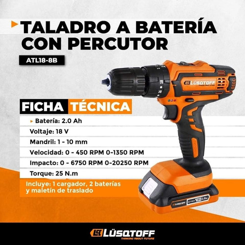 Taladro Atornillador Percutor Lusqtoff 18v Inalambrico 2 Bat