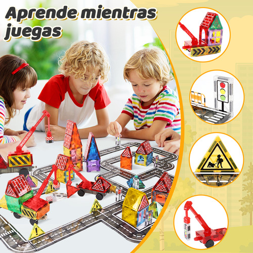 Bloques Magnéticos Juguetes Construcción para Comunitaria Ciudad, 42 Pzs 3D Juego de Imanes con Grúa Extensible, Coche, Semáforo, Stem Bloques Educativos Regalo de Navidad Niños Niñas 3+