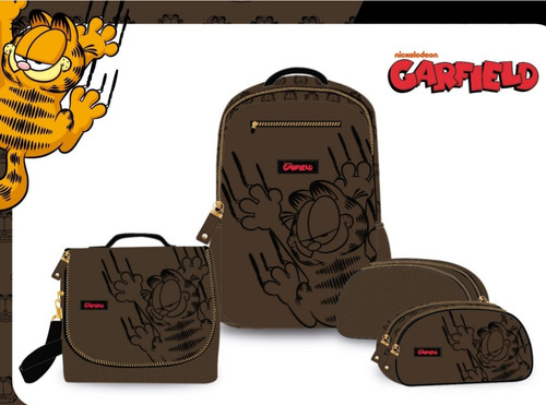 Pack Mochila Oficio Garfield Marrón + Lonchera + Cartuchera