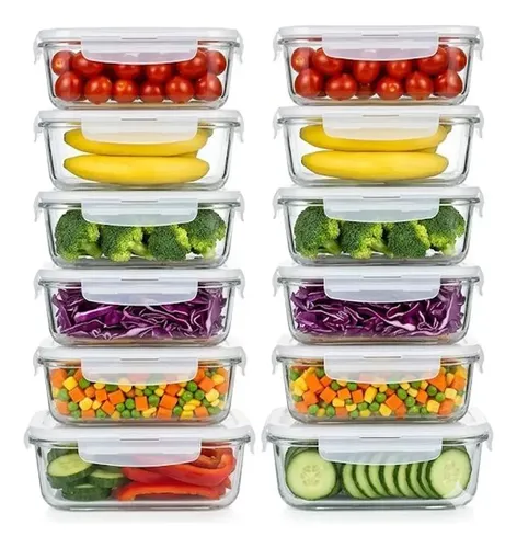 Kit com 12 Potes de Vidro Retangular com Tampa Hermética para Alimentos 370ml