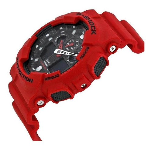 Imagen 3 de 7 de Reloj de pulsera Casio G-Shock GA-100 de cuerpo color rojo, analógico-digital, para hombre, fondo negro, con correa de resina color rojo, agujas color blanco y rojo, dial blanco, subesferas color negro y gris, minutero/segundero blanco, bisel color rojo y negro y hebilla doble