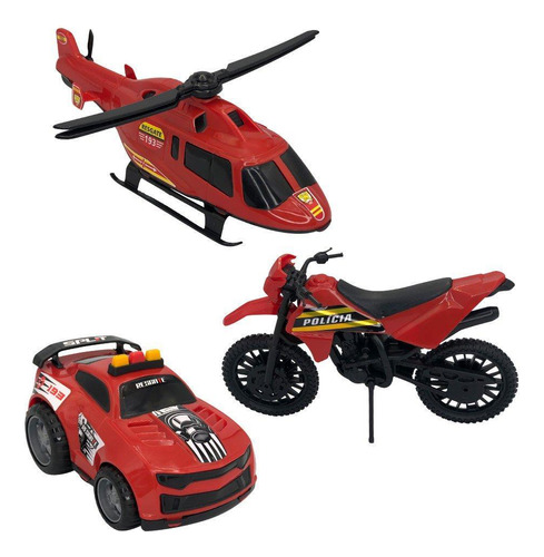 Combo 03 Brinquedos Carro Polícia Moto Helicóptero Vermelho