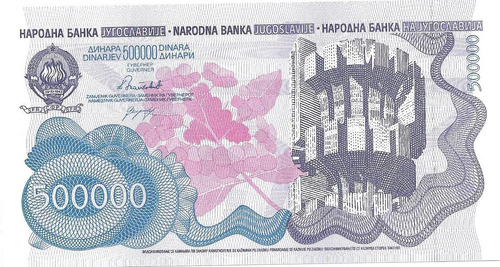 Billete Yugoeslavia 500.000 Dinara Año 1989 Sin Circular