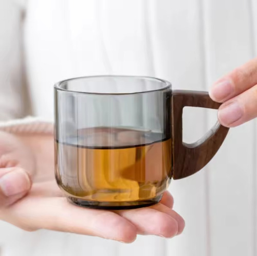 Tazas Cafe Expreso Cristal Mango Madera 100 Ml Set 2 Piezas